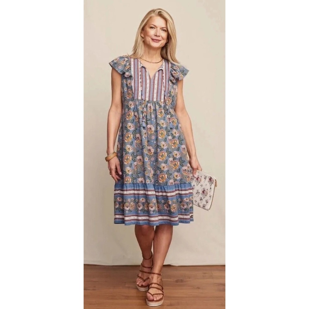 MATILDA JANE Dress Women S Blue Floral Flutter Sleeve Boho Cottagecore  Summer
